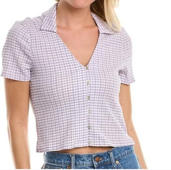 Madewell Crinkled Y-Neck Button-Down Shirt in Plaid Size Medium - Picture 1 of 14